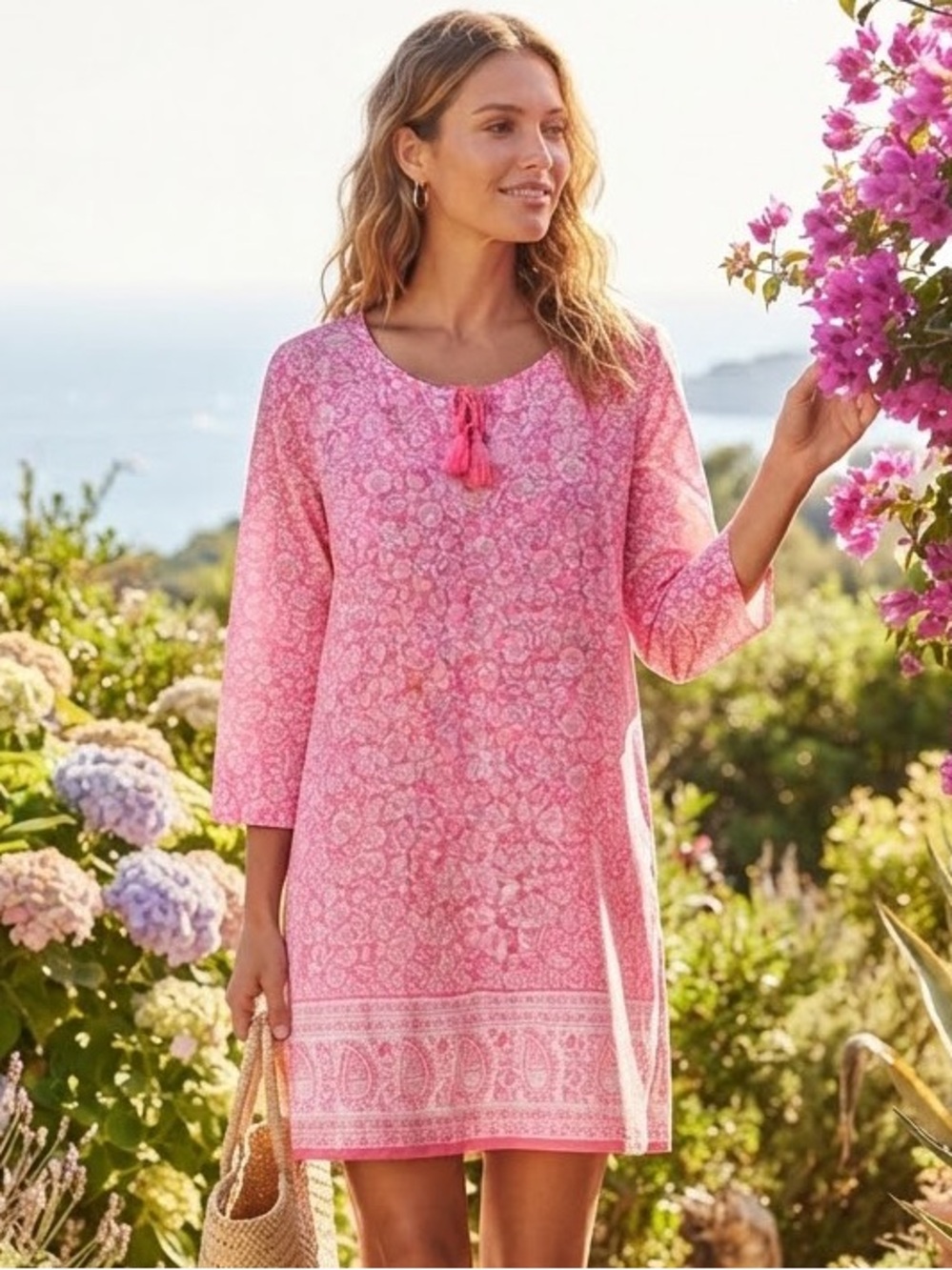 J. Crew Hot Pink Floral Tassel Tunic